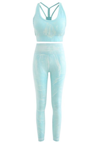 Conjunto de legging e sutiã esportivo azul oceano tie-dye