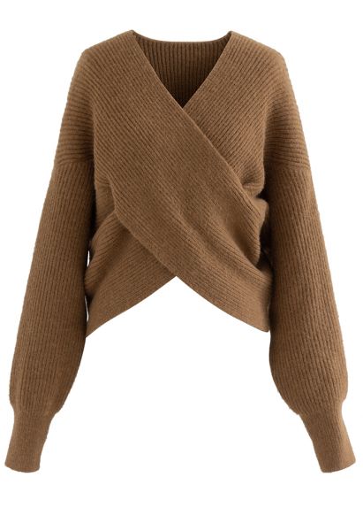 Suéter de tricô com nervuras cruzado em caramelo