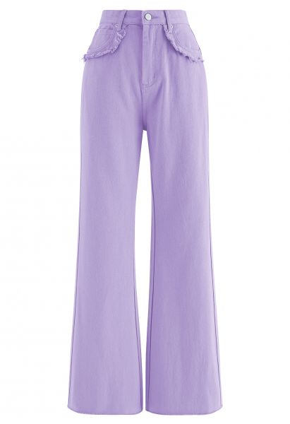 Jeans Flare de bolso clássico com detalhe desfiado em lilás