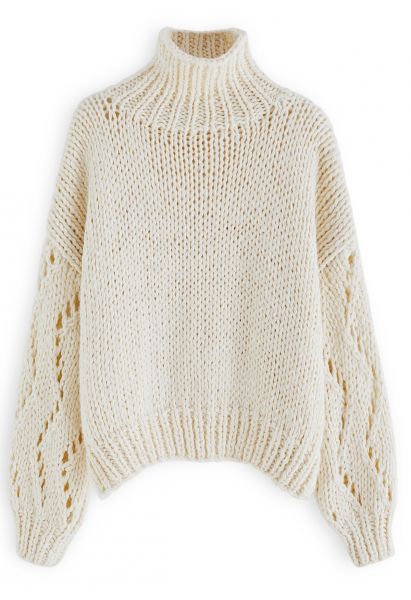 Suéter de tricot à mão com gola alta e manga Pointelle em creme