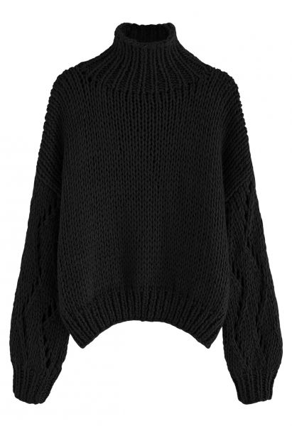 Suéter de tricot à mão Pointelle manga gola alta em preto