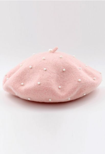 Chapéu de boina de mistura de lã pérola feito à mão em rosa