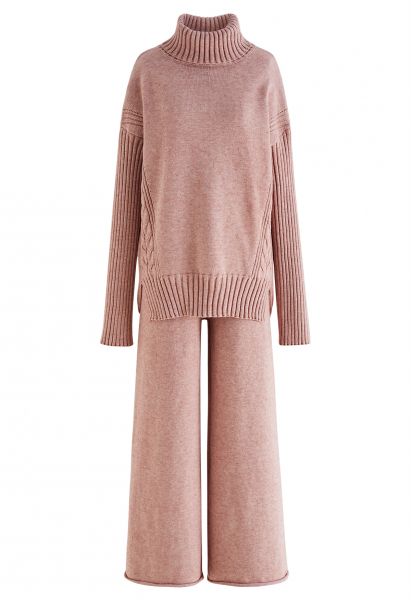 Conjunto de suéter gola alta e calça de malha em rosa