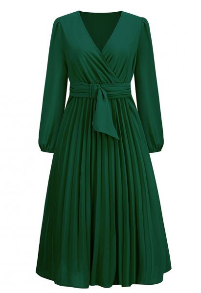 Vestido de cinto com fivela frontal em verde escuro
