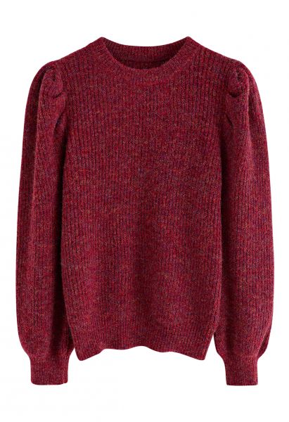 Suéter canelado com manga bufante em malha mista em vermelho