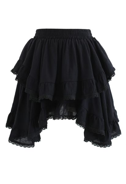 Mini-saia assimétrica Lacy Edge em preto