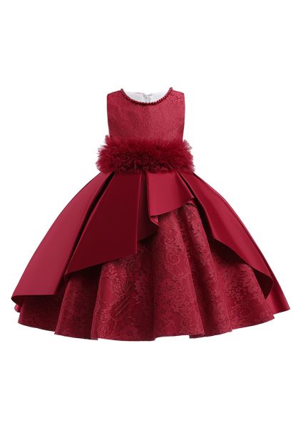 Vestido de princesa de renda floral com babados e malha em vermelho para crianças