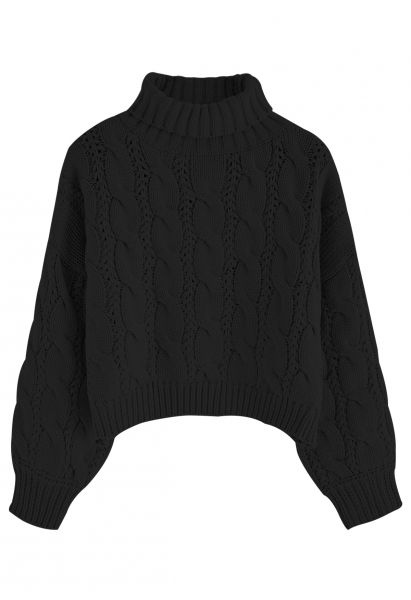 Suéter de tricô trançado gola alta em preto
