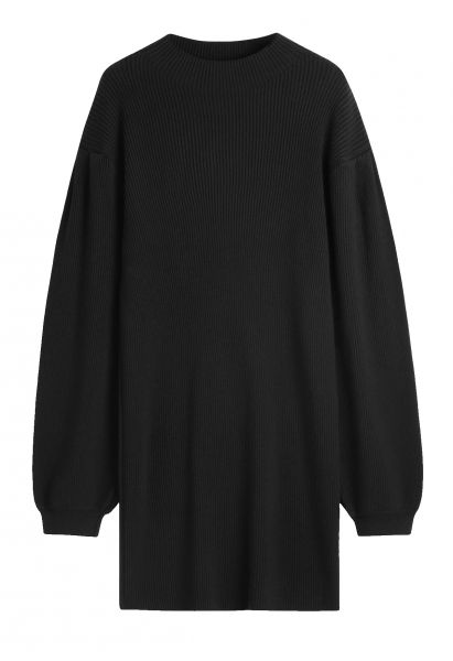 Suéter com gola redonda manga lanterna em preto