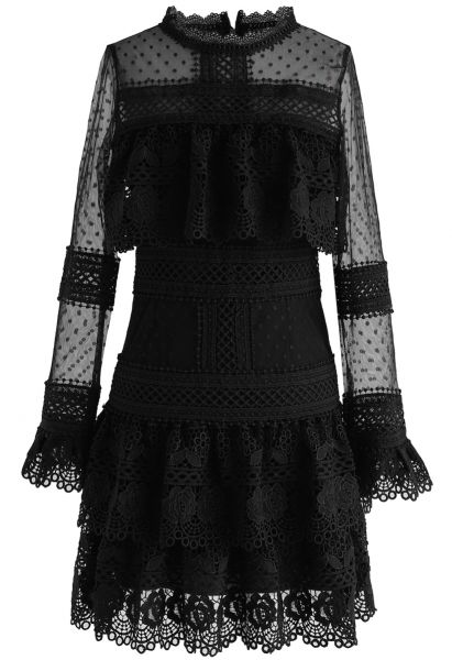 Vestido de malha de crochê com camadas Sweet Destiny em preto