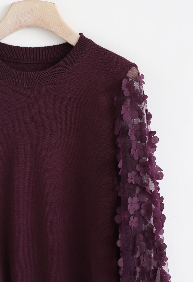 Blusa de malha com mangas de malha de flores 3D em vinho