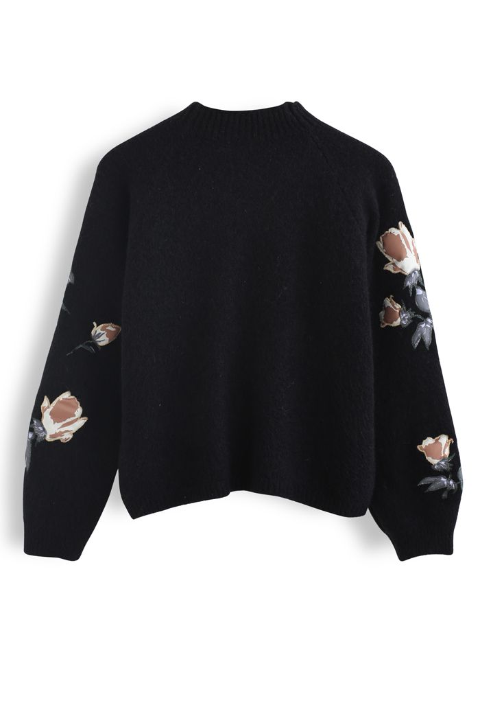Suéter de malha bordado com estampa floral digital em preto