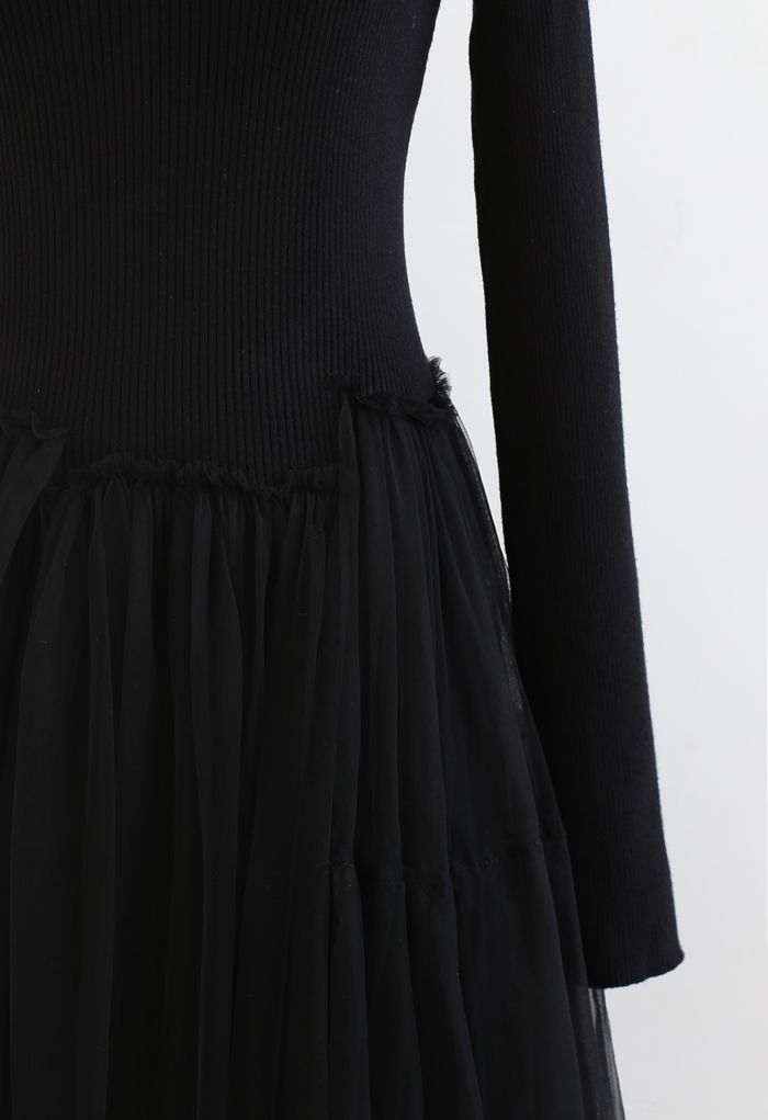 Vestido de malha em camadas assimétricas de malha em preto
