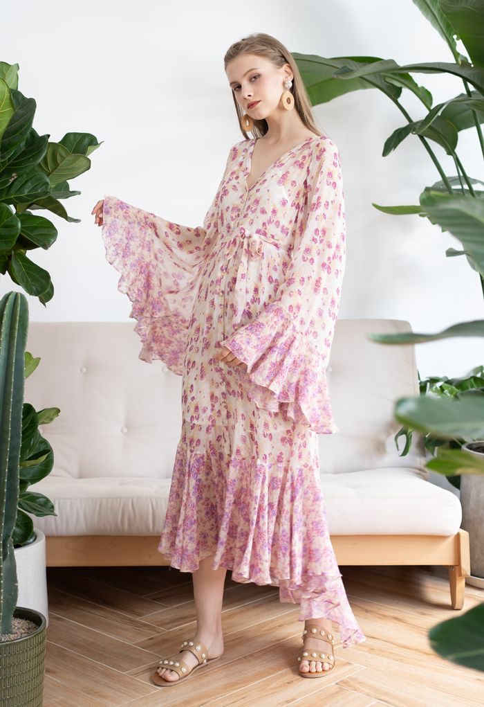 Vestido de mangas quimono semitransparente floral ditsy