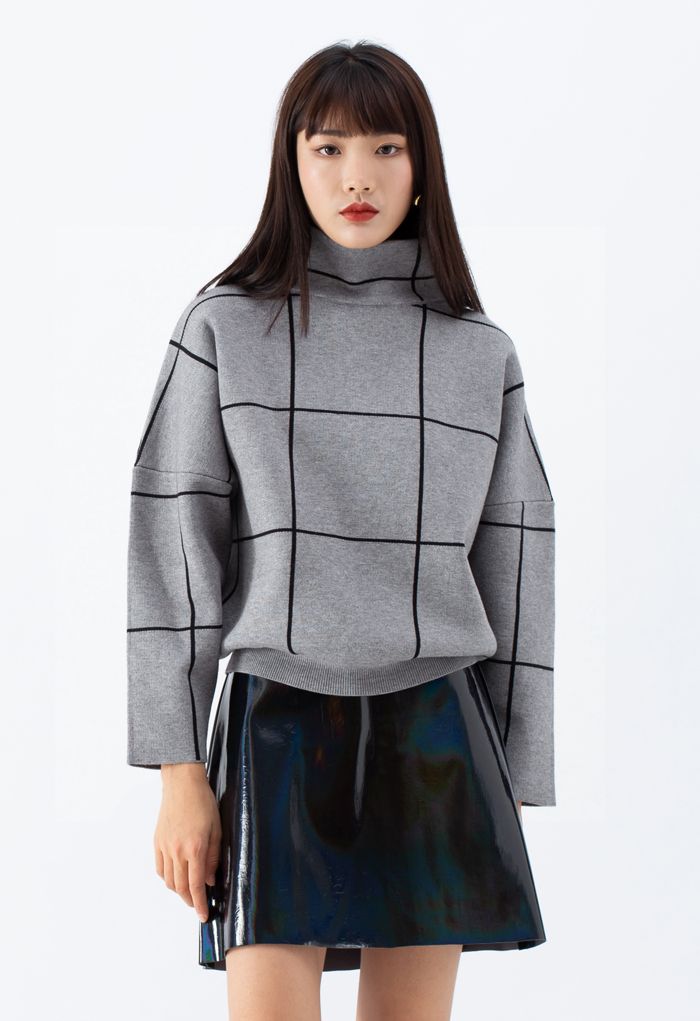 Sweater de gola alta Grid em cinza