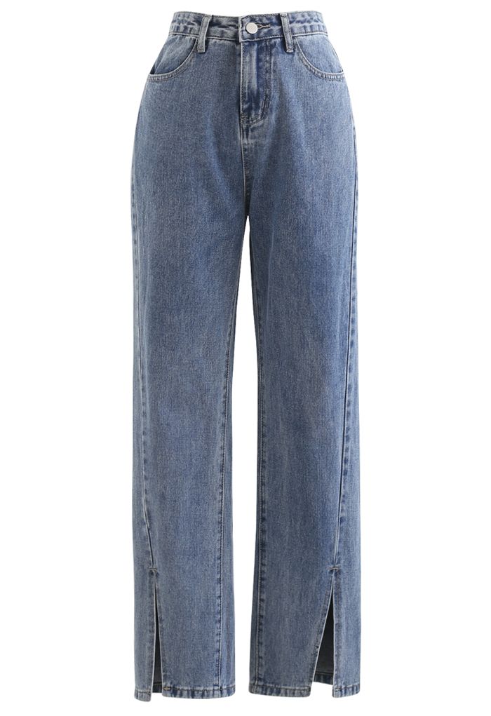 Jeans macio de cintura alta Slit Cuffs em azul