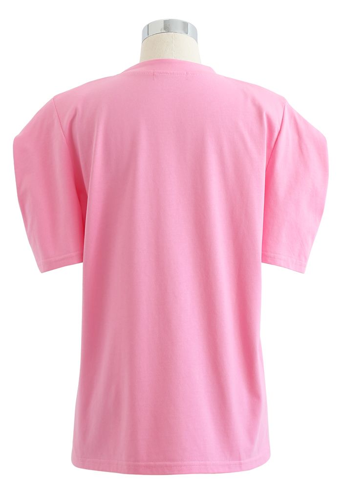 Top de ombro acolchoado de manga curta em rosa