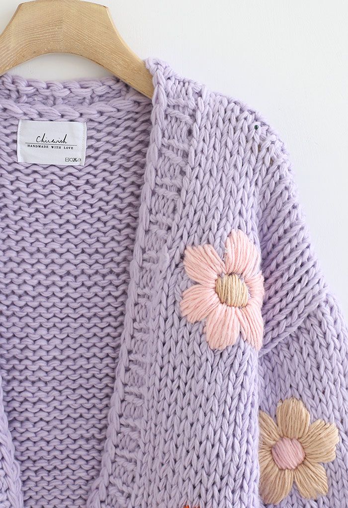 Stitch Flowers Cardigan Robusto feito à mão em lilás