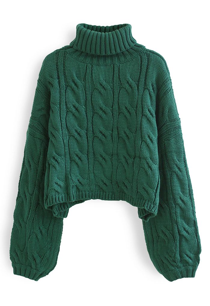 Suéter de tricô trançado gola alta em verde