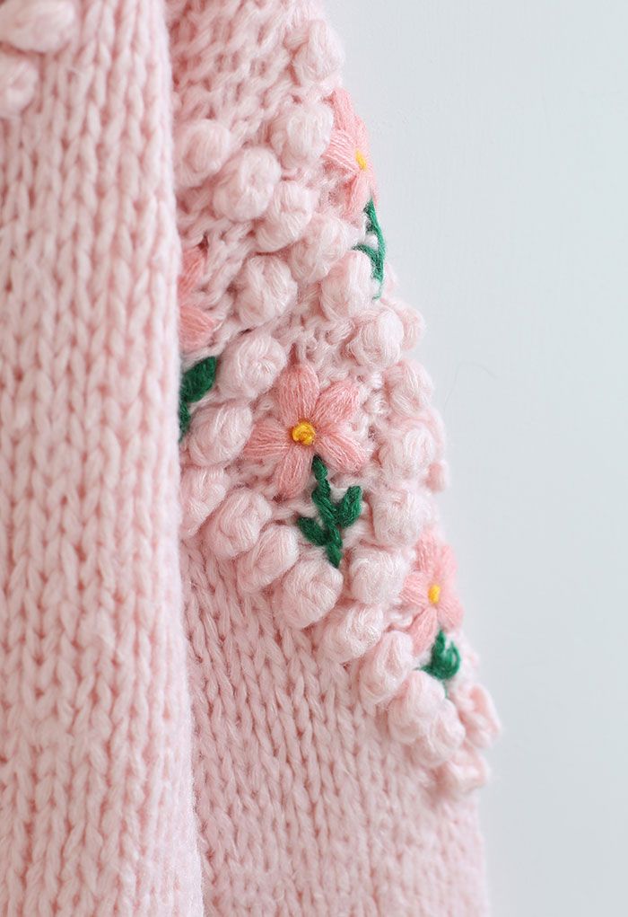 Suéter Stitch Floral Diamond Pom-Pom em tricô rosa