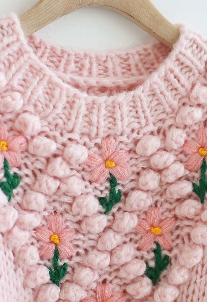 Suéter Stitch Floral Diamond Pom-Pom em tricô rosa