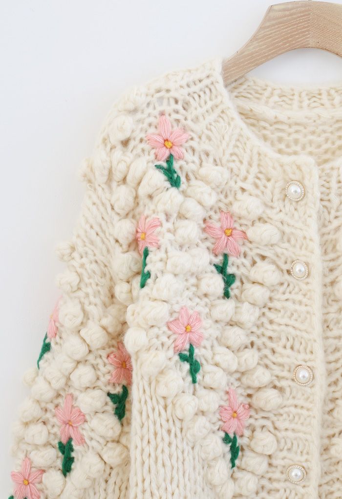Cardigan de tricô feito à mão com pompom de diamante floral ponto