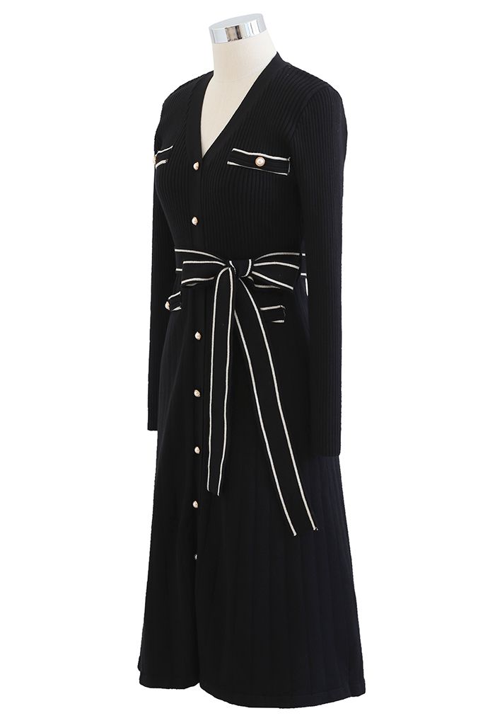 Vestido de malha abotoado com linha contrastante cintilante em preto