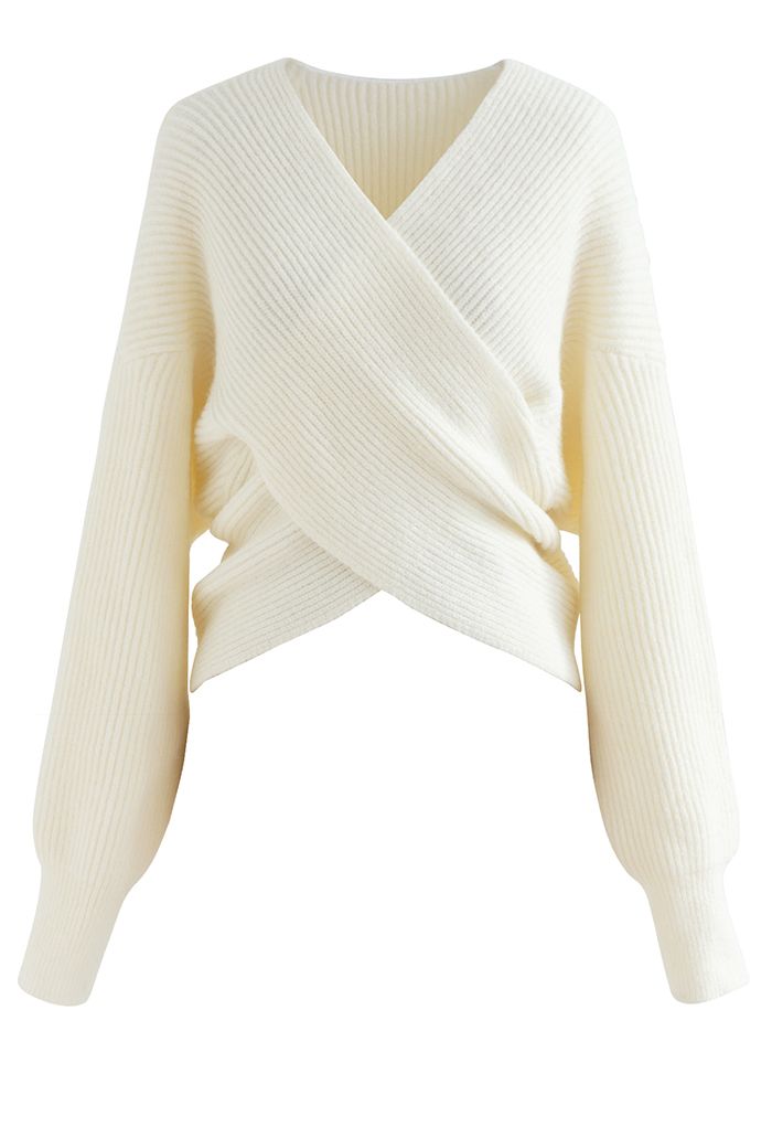 Suéter de tricô com nervuras cruzado em marfim