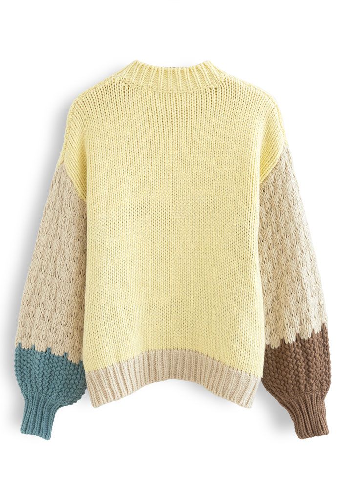 Suéter tricotado à mão Color Block em amarelo