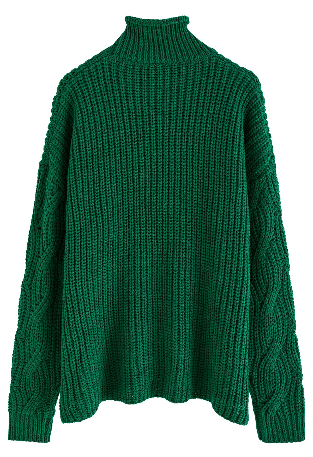 Suéter de malha grossa trançada de gola alta e esmeralda