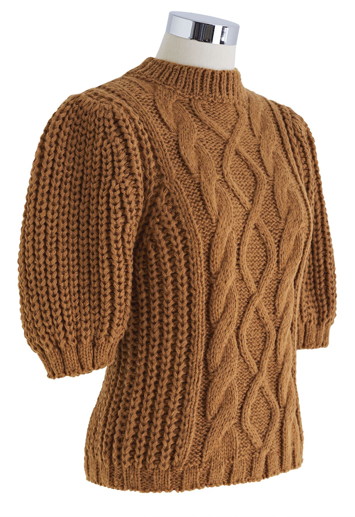 Suéter canelado trançado manga bolha em bege