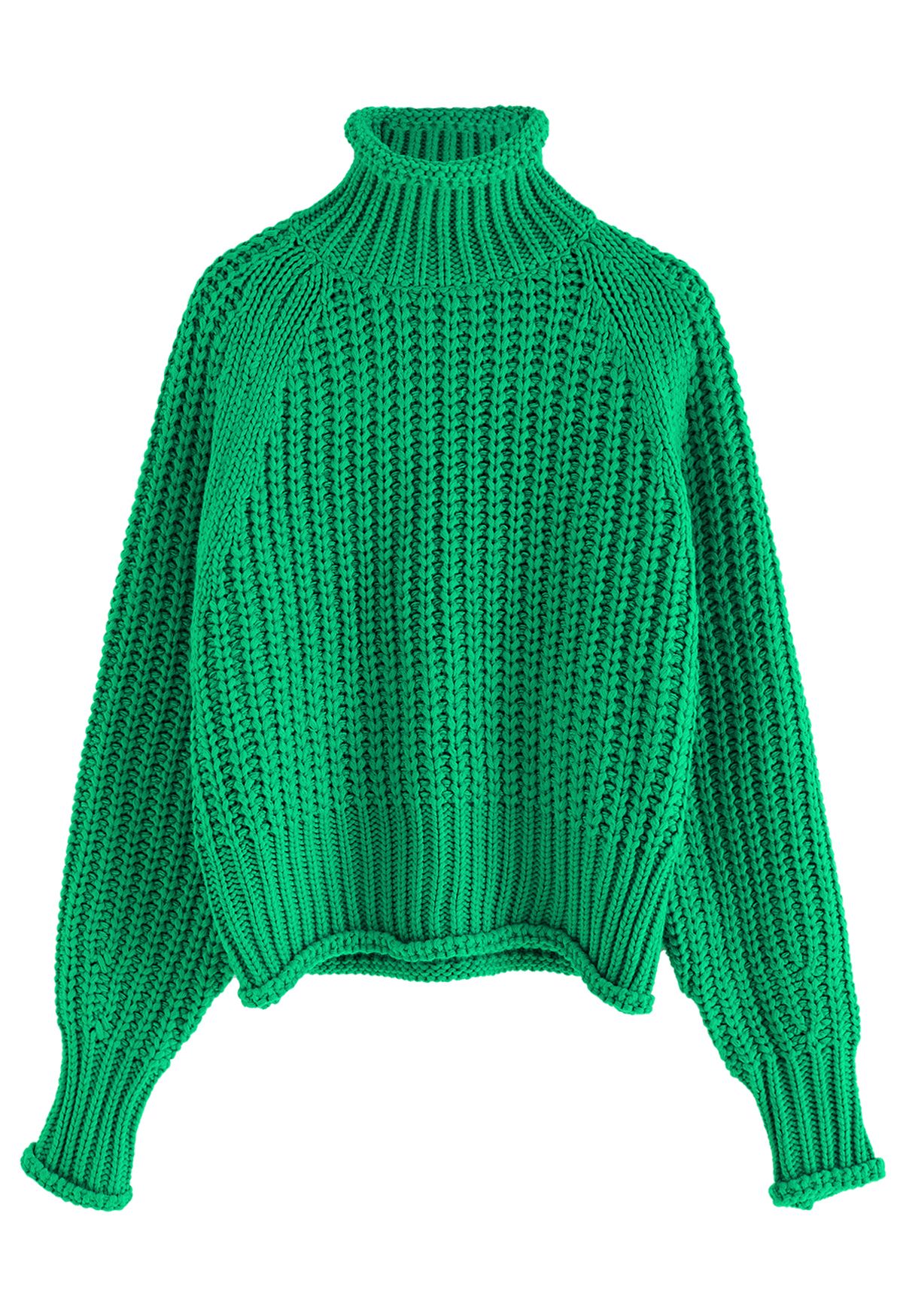 Suéter de malha grossa de gola alta em verde