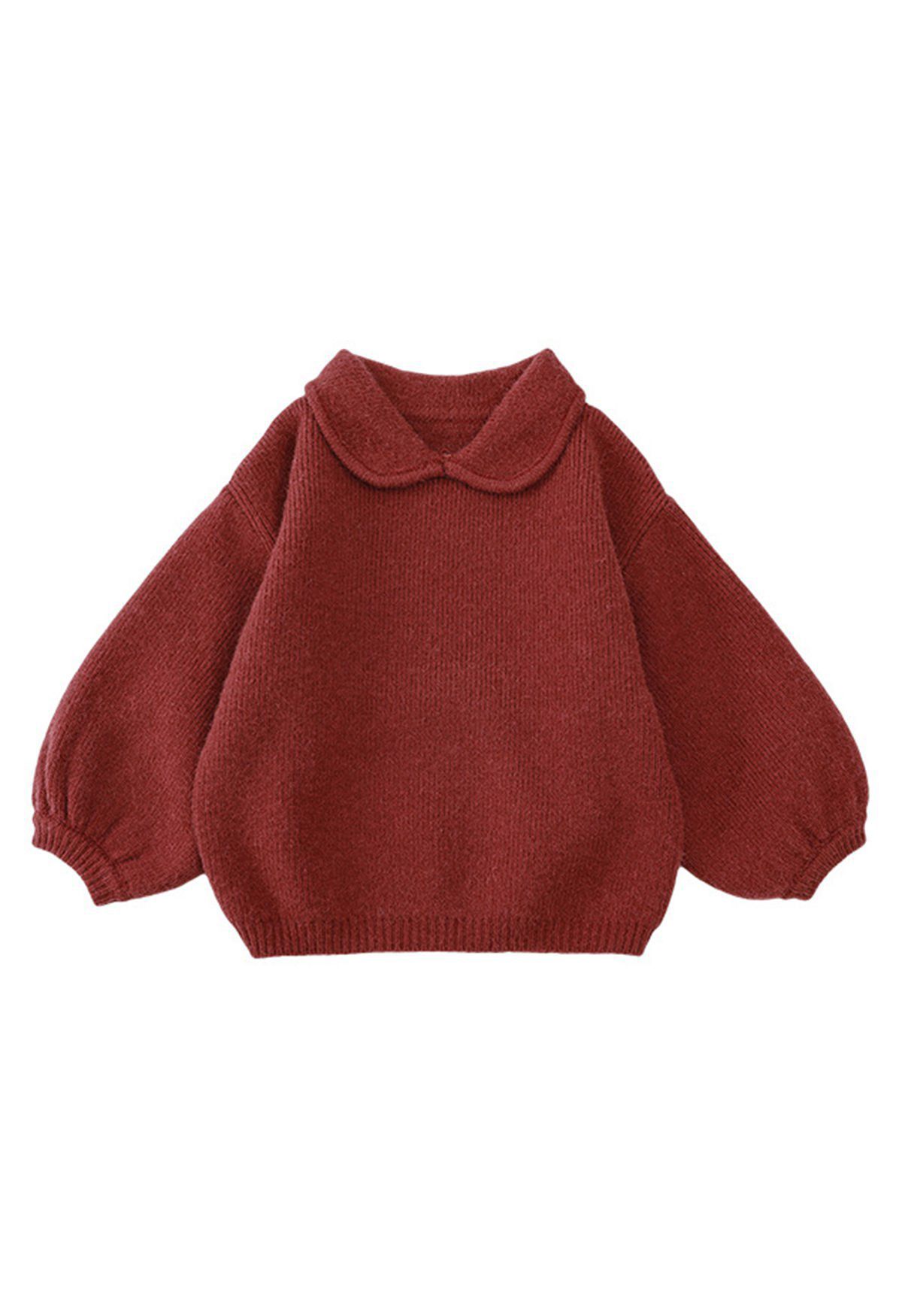 Suéter de mangas bufantes com gola de boneca em vermelho para crianças