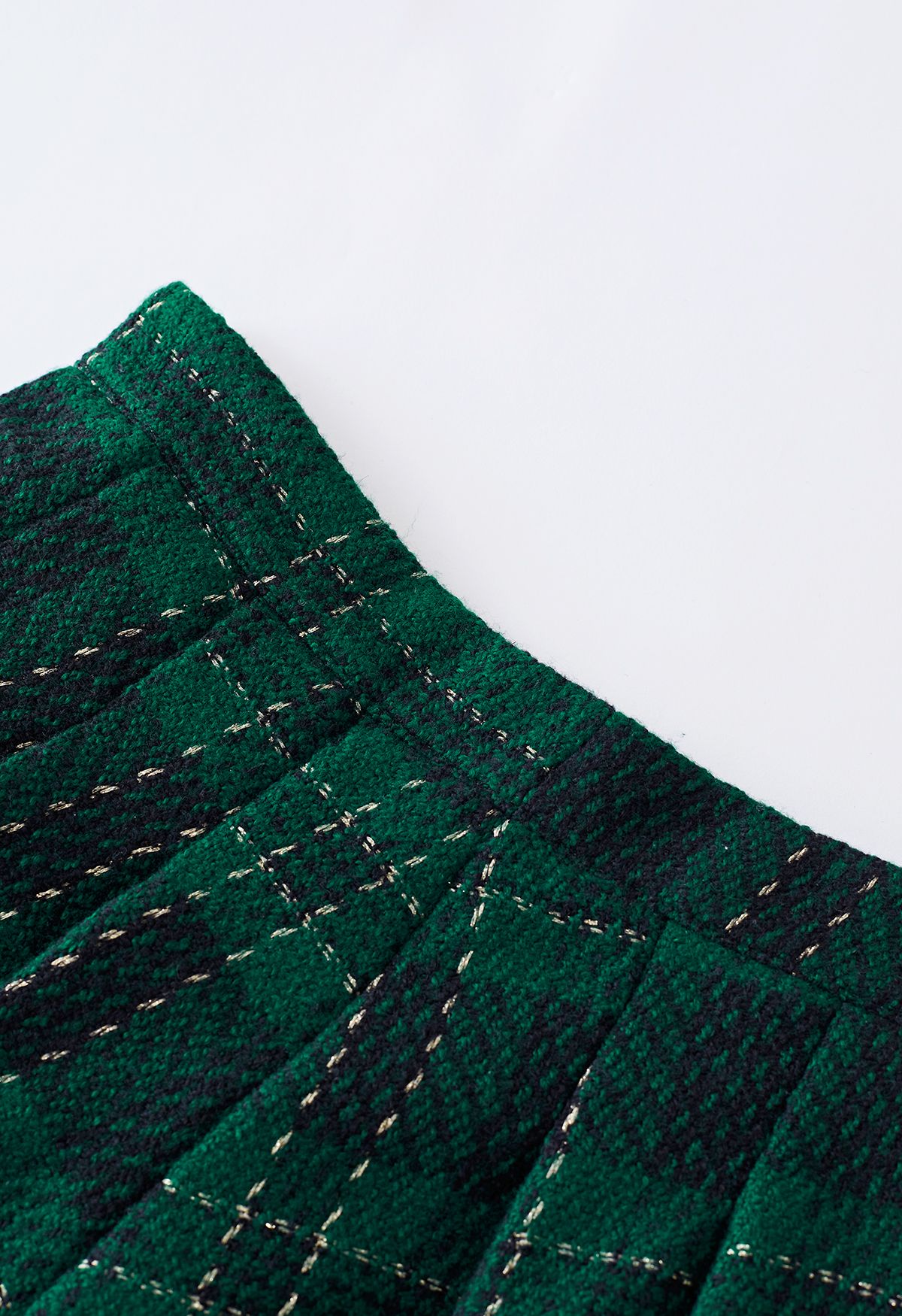 Jaqueta xadrez de tweed metálico e saia plissada conjunto em verde