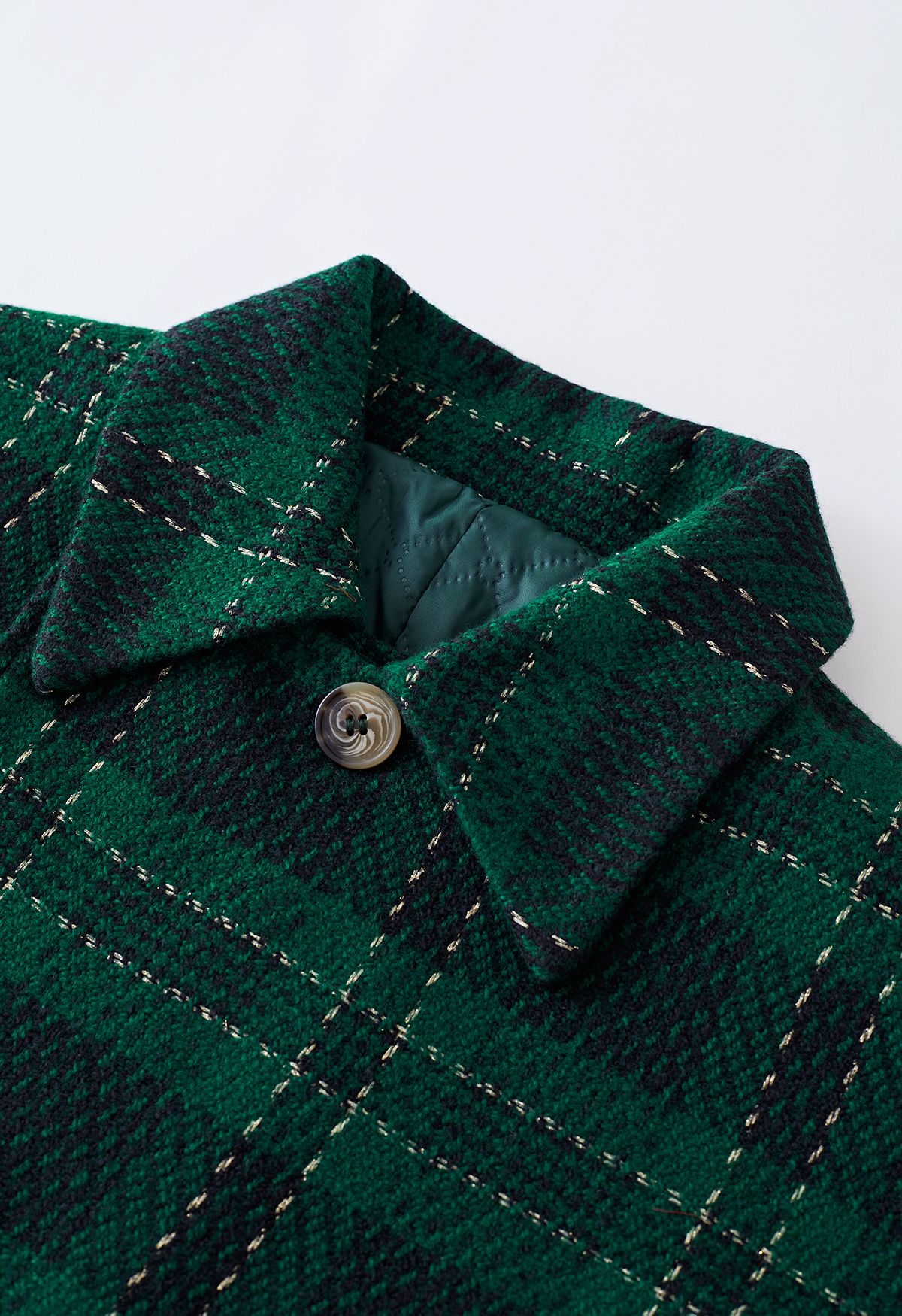 Jaqueta xadrez de tweed metálico e saia plissada conjunto em verde