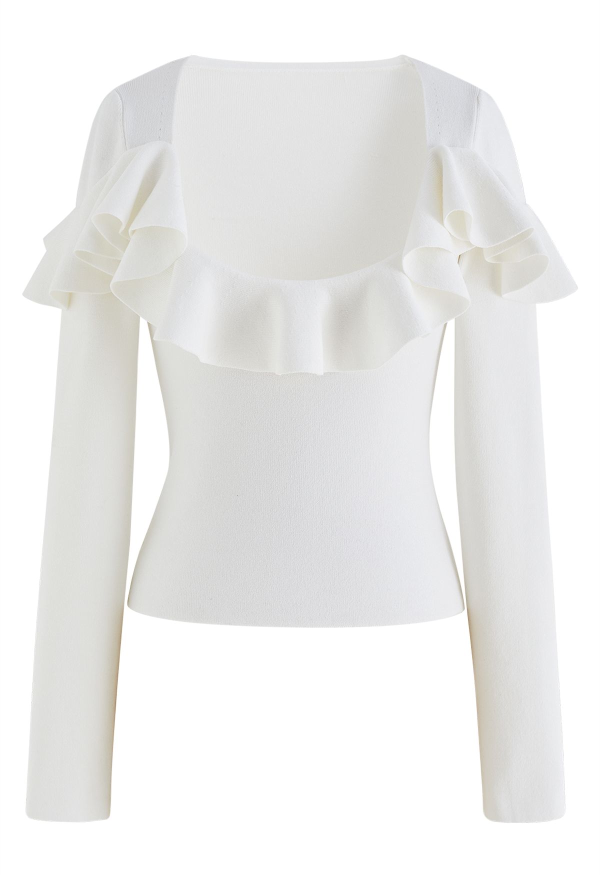 Sassy Blusa de tricô com decote largo e babados em branco