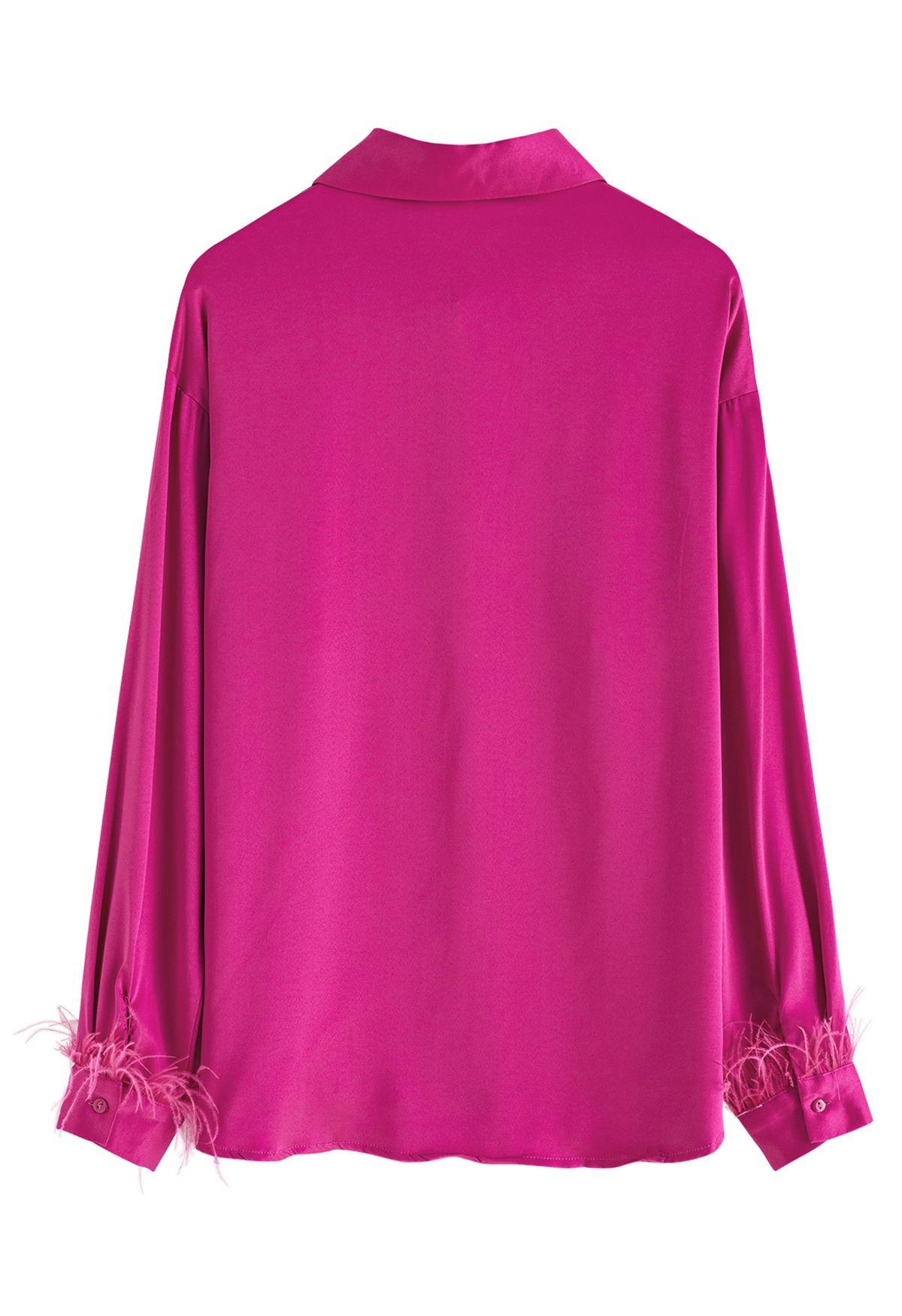 Camisa de cetim com acabamento de penas em rosa choque