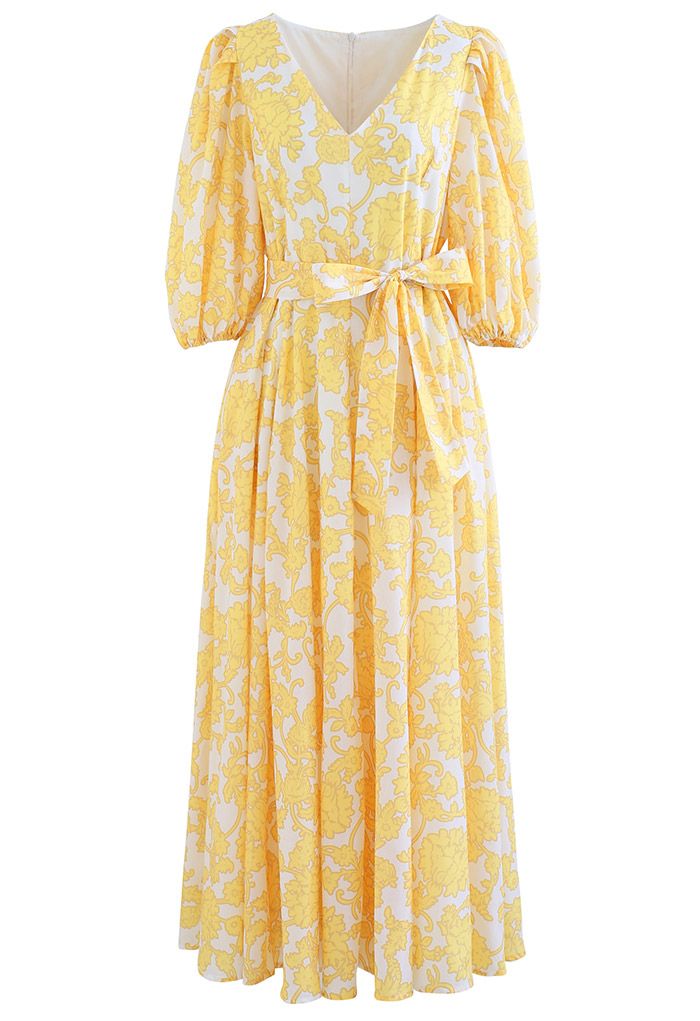 Vestido Maxi com decote em V estampado Divine Flower Vine em amarelo