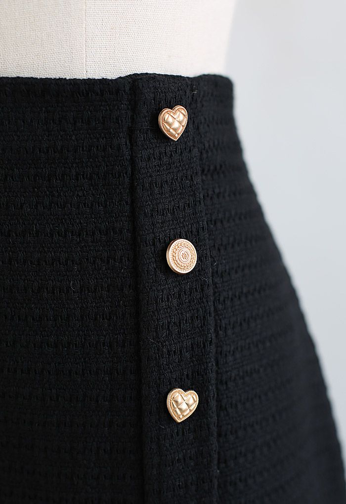 Saia lápis de tweed com botões distintos na frente