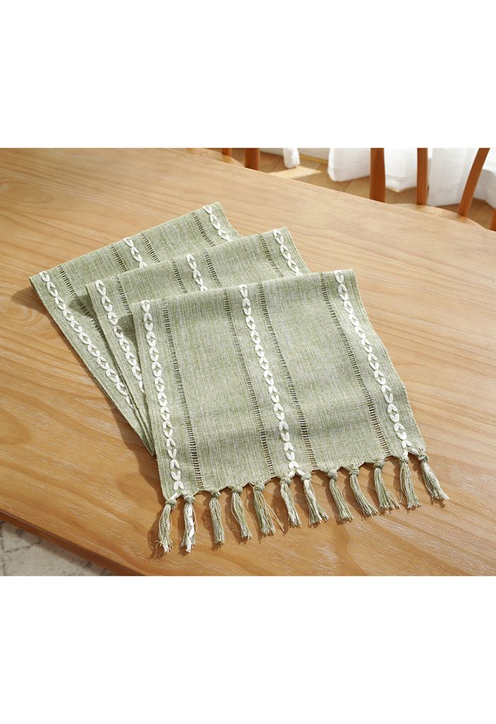 Caminho de mesa de borda de borla de tecido de linho cutwork em verde