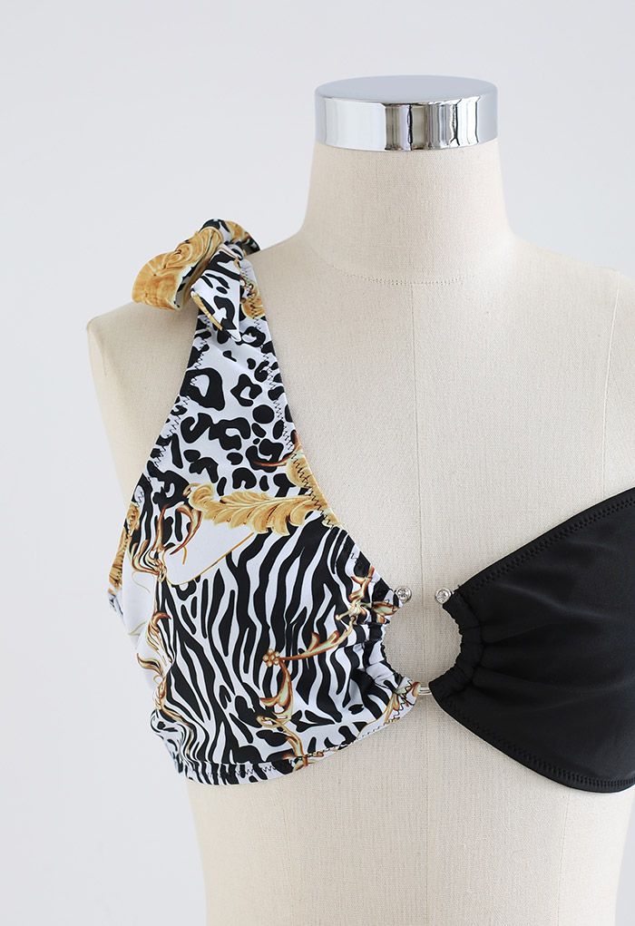 Conjunto de biquíni emendado com estampa de leopardo com nó de gravata