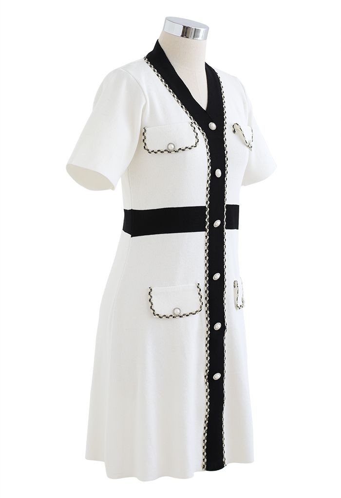 Vestido de malha retrô Grace contrastante em branco
