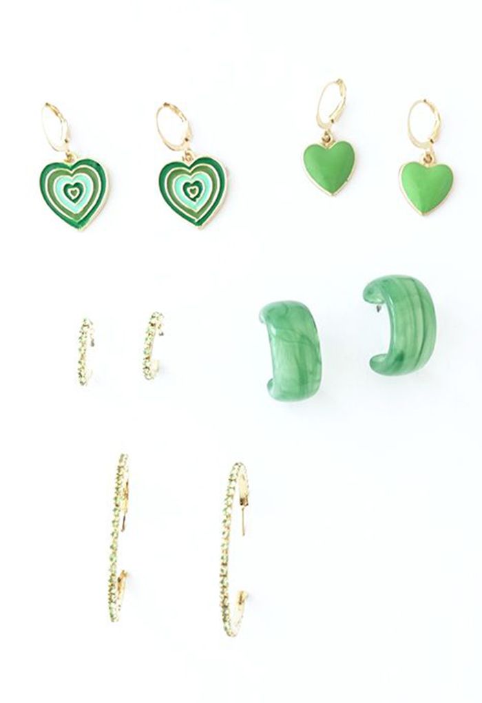 5 pares de brincos de cristal verde jade