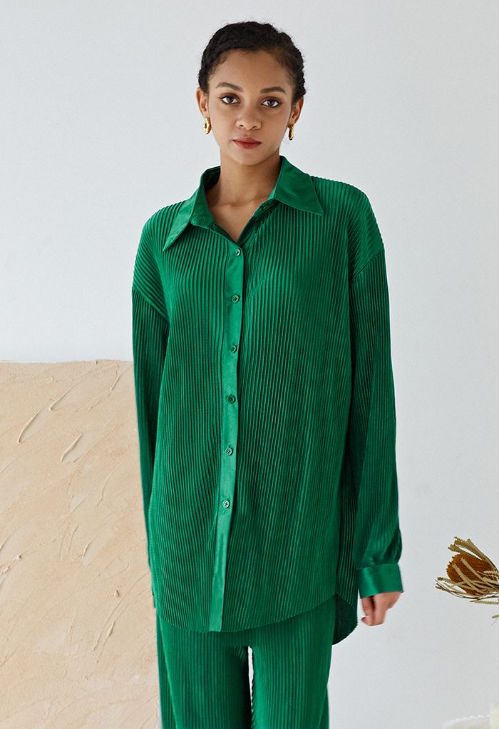 Conjunto de camisa e calça de plissado completo em esmeralda