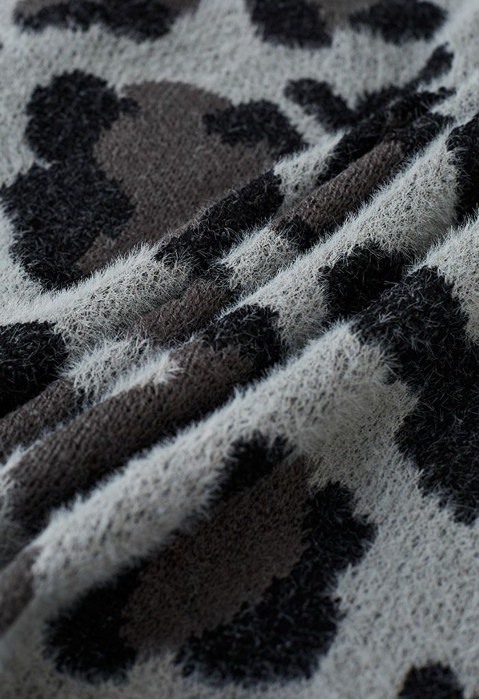 Cardigã frontal aberto com mangas de asa de leopardo fuzzy em cinza