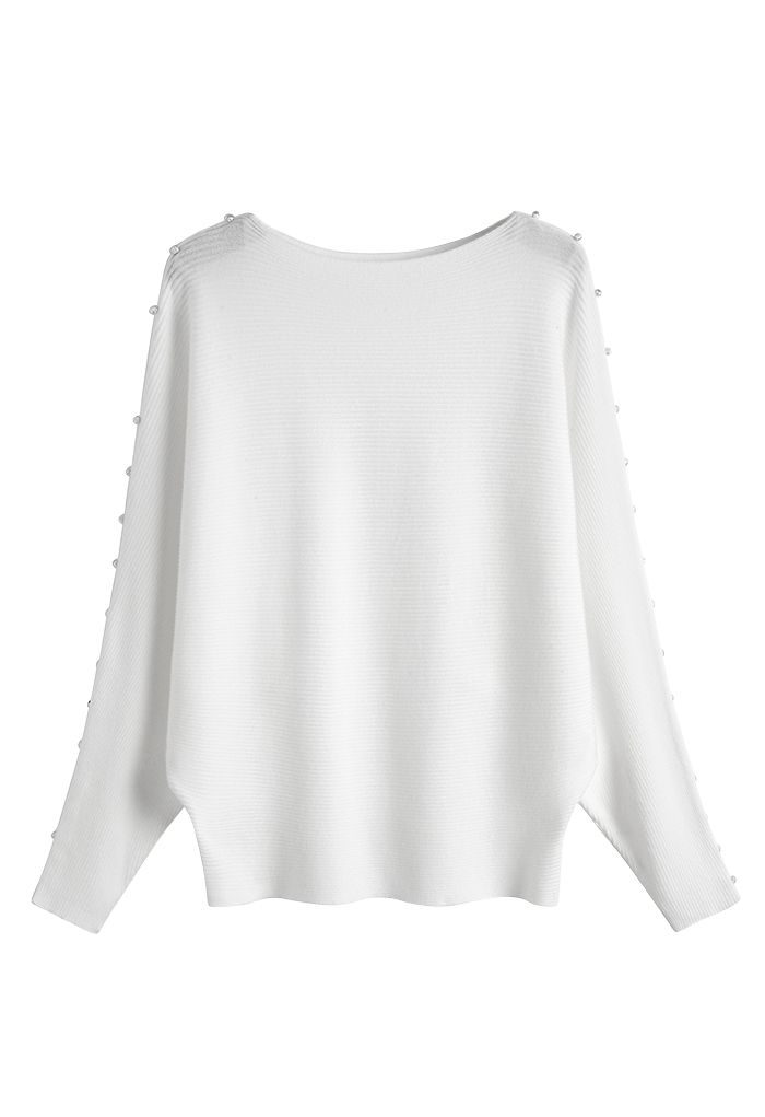Suéter de tricô manga morcego perolado em branco