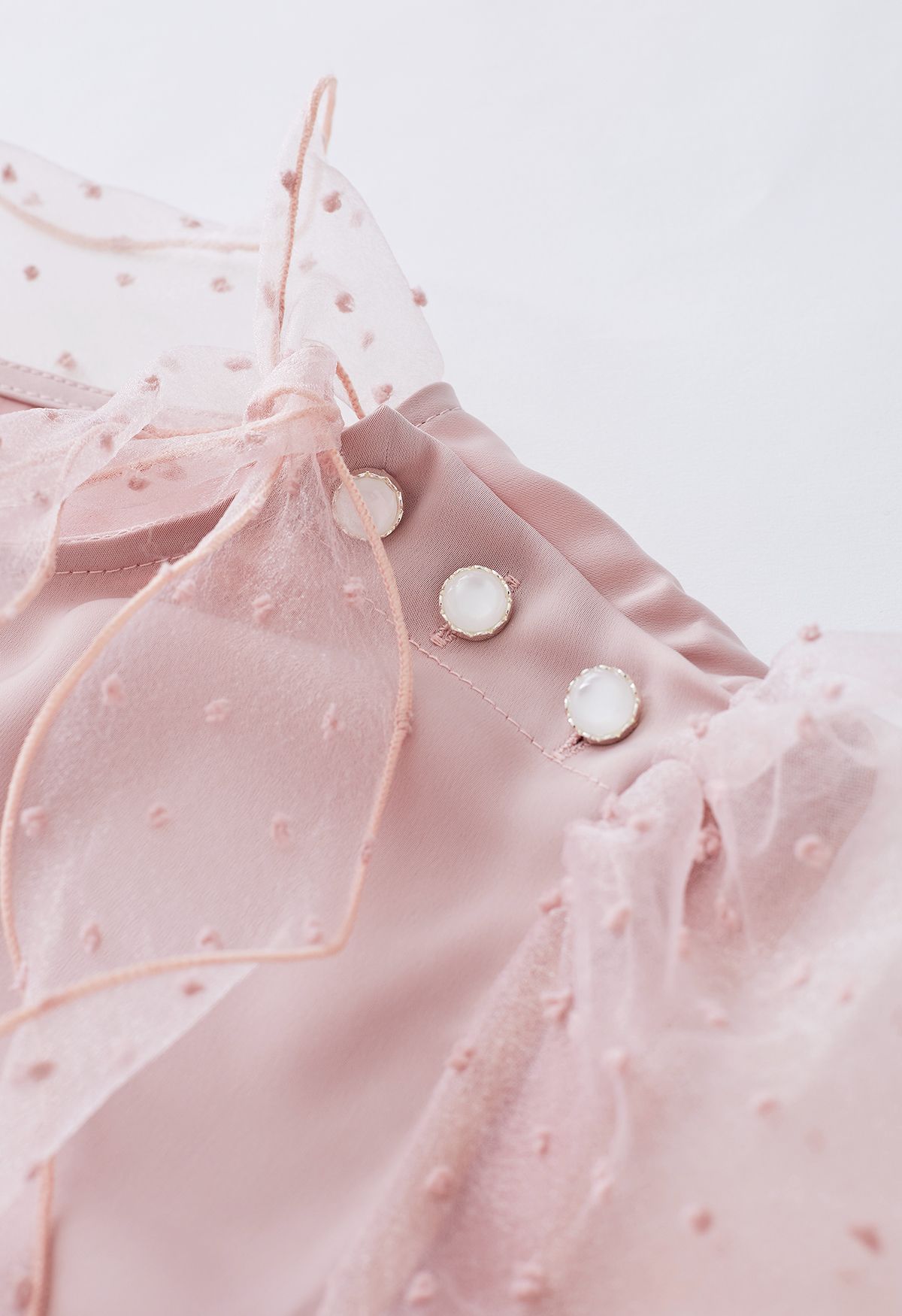 manga de bolha de organza do bando Camisa de cetim laço em rosa