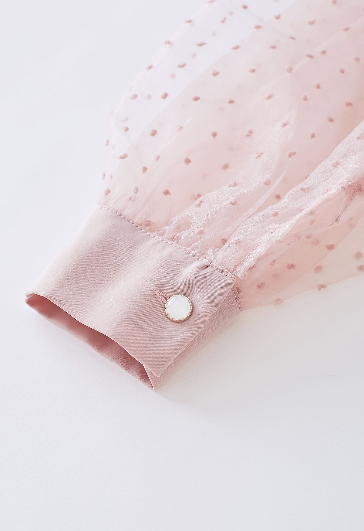 manga de bolha de organza do bando Camisa de cetim laço em rosa