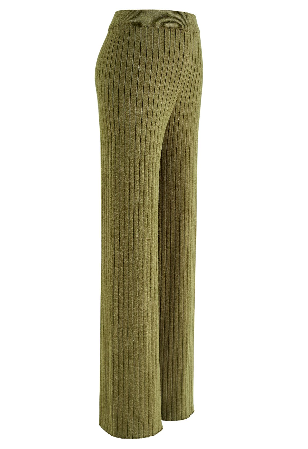 Calça tricotada com perna reta canelada em verde musgo