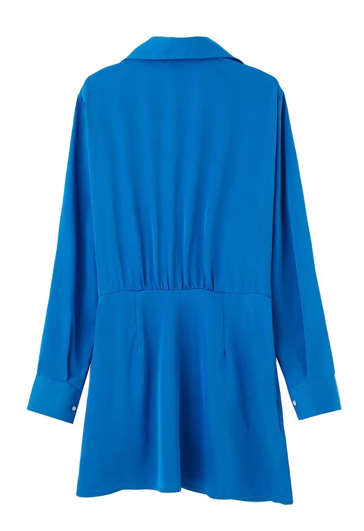 Vestido de camisa de cetim com decote em V franzido na frente em azul